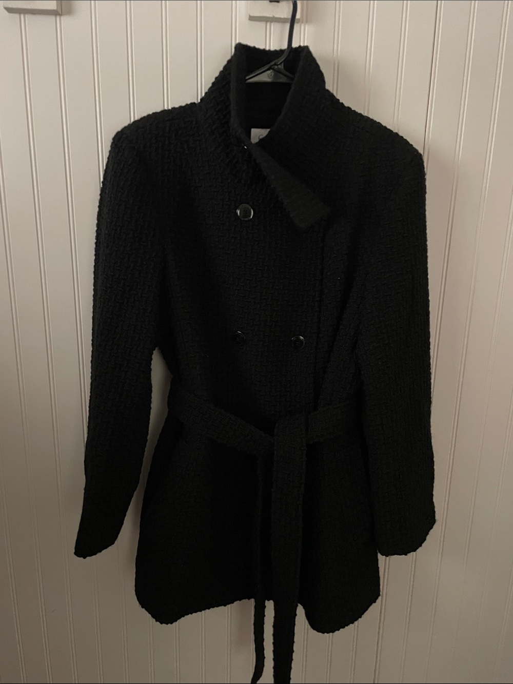 Calvin Klein Black Textured Double-Breasted Belted Trench